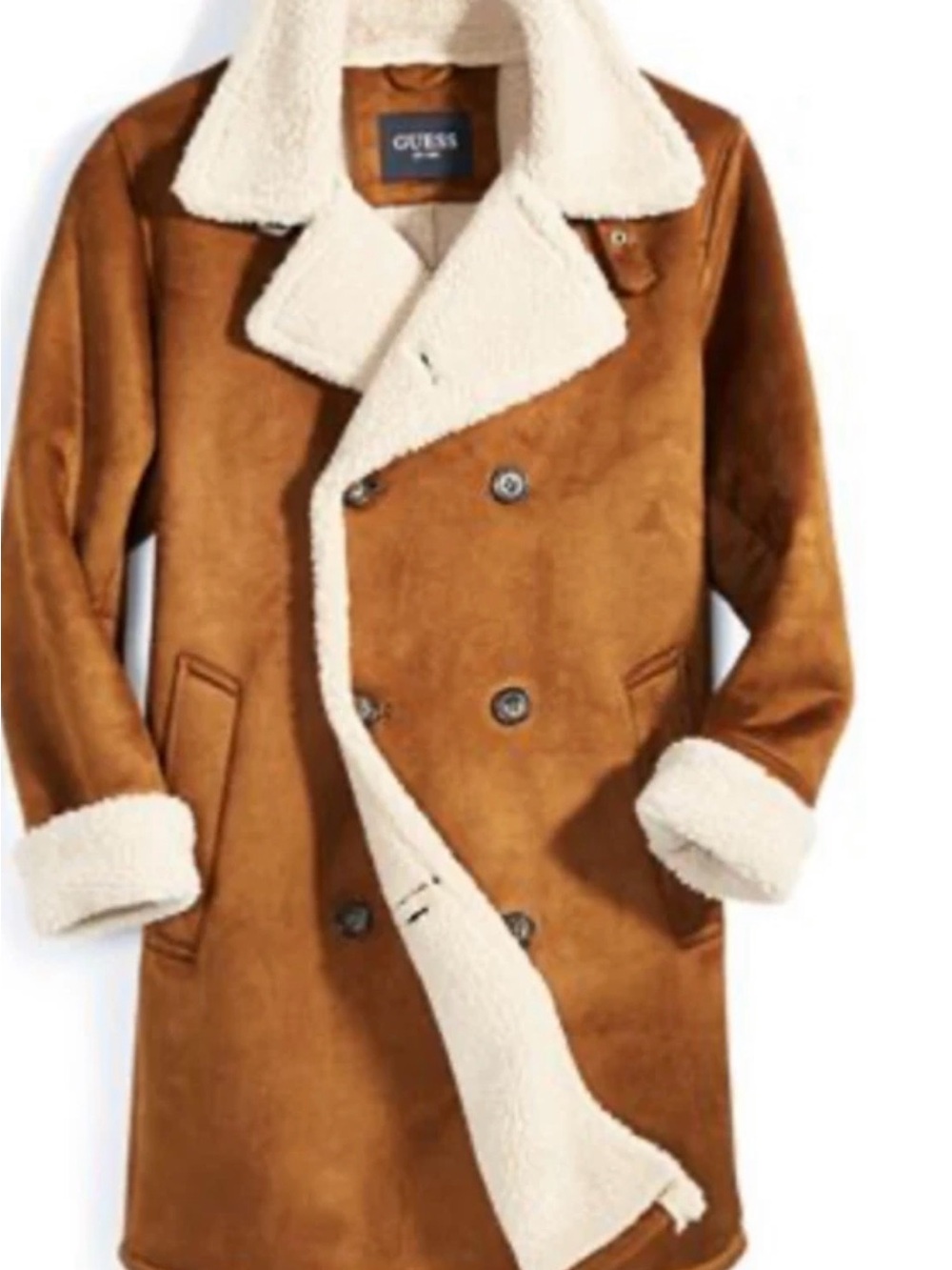 GUESS Men’s Tan Shearling-Trim Long Coat size L